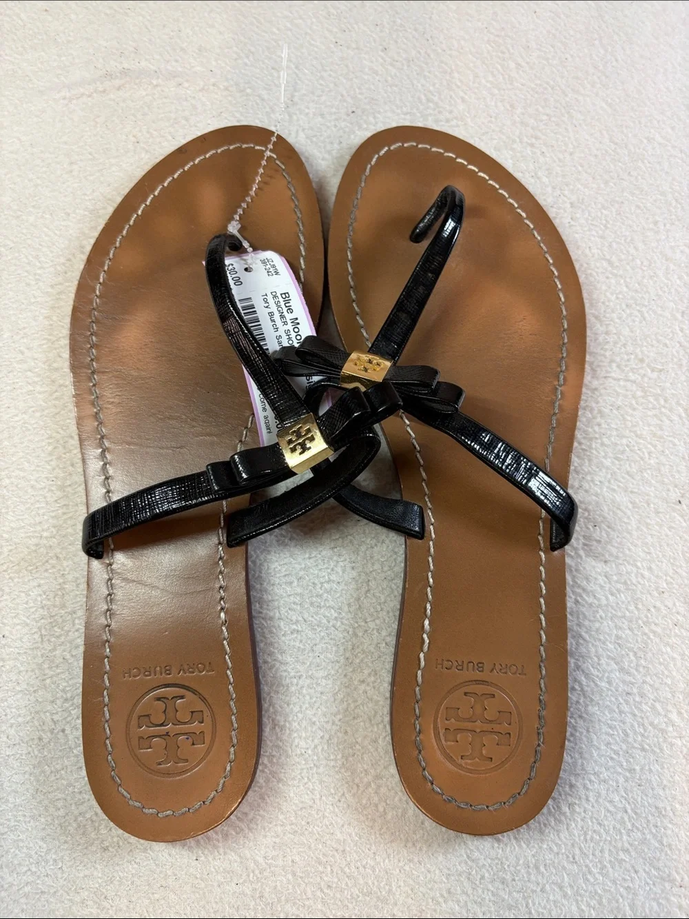 Tory Burch Black Patent Leather Bow Thong Sandals with Gold Logo